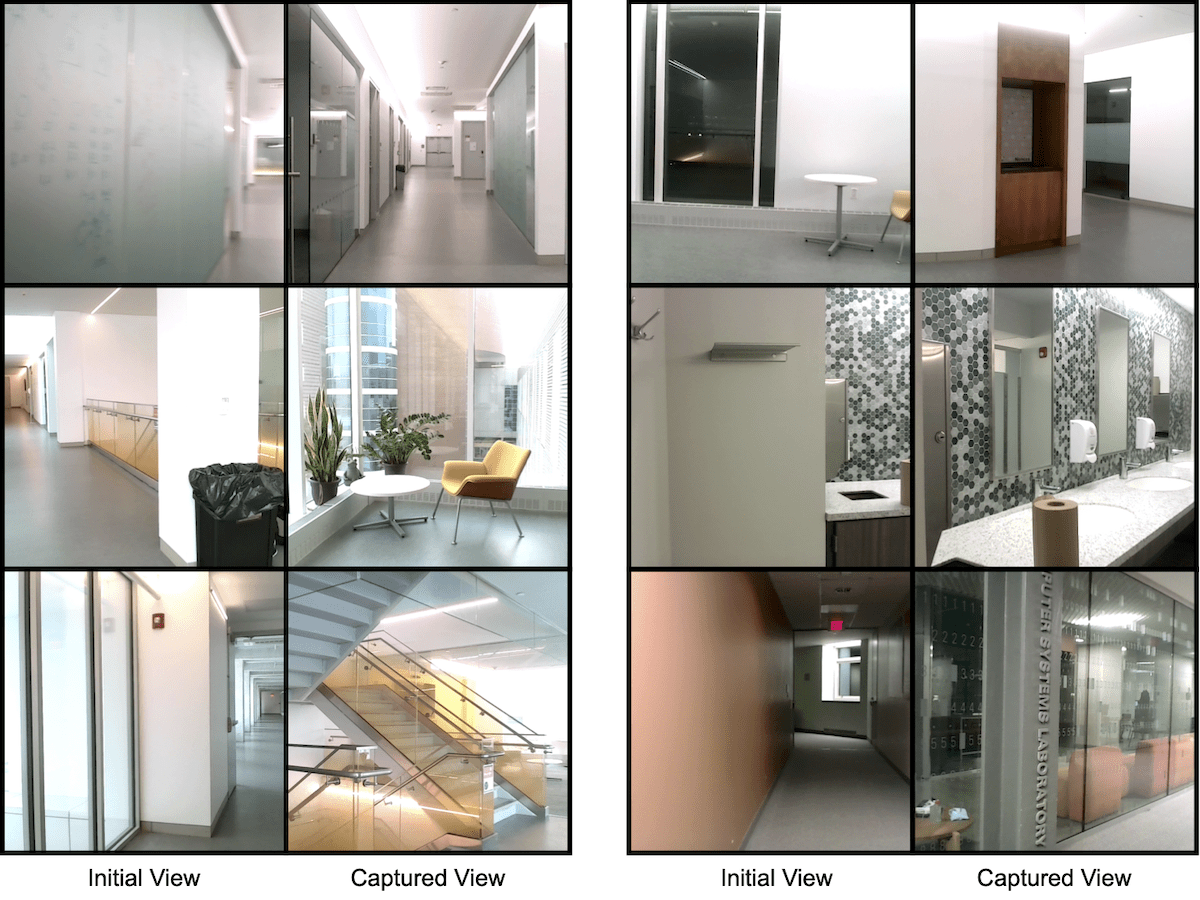 What AutoPhoto captures reads as a frame-by-frame account of how the robot explores its surroundings for the optimal shot.