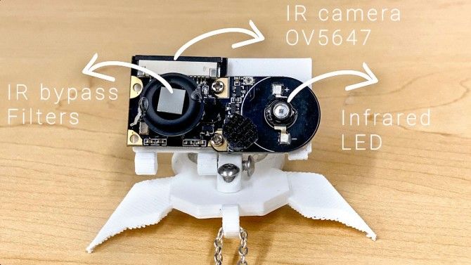 A close-up of the NeckFace wearable sensing technology hardware, which includes an infrared camera, a near-infrared LED and an IR narrow band-pass filter.