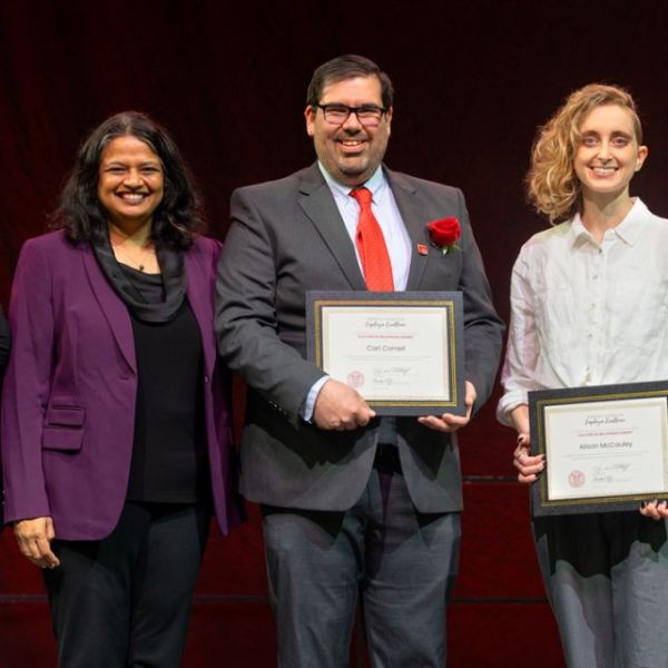 Credit: Ryan Young/Cornell University Caption: From left, Eve De Rosa, Kavita Bala, Carl Cornell, Alison McCauley and Ben Maddox pose for a photograph at the Employee Excellence Awards ceremony Nov. 19 in Barton Hall. 