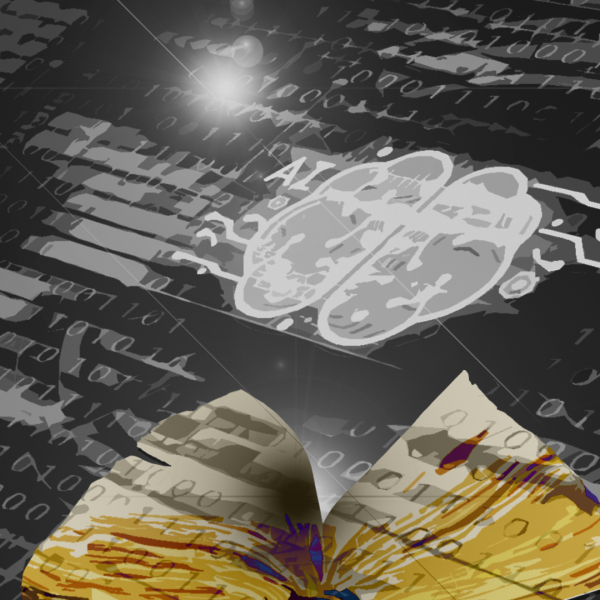 A graphic illustration showing a book with an "AI Brain" in the background