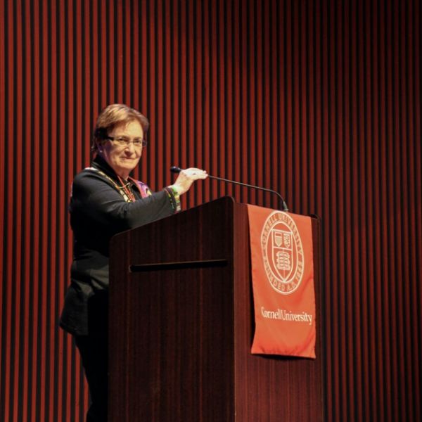 Ann S. Bowers ’59, speaking as chair of the Cornell Silicon Valley Advisors in 2017.