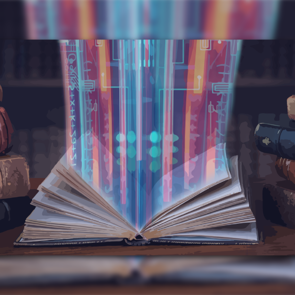 A graphic illustration showing an open book with colorful lines shooting from it