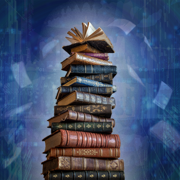 A graphic illustration showing a stack of books with a futuristic background