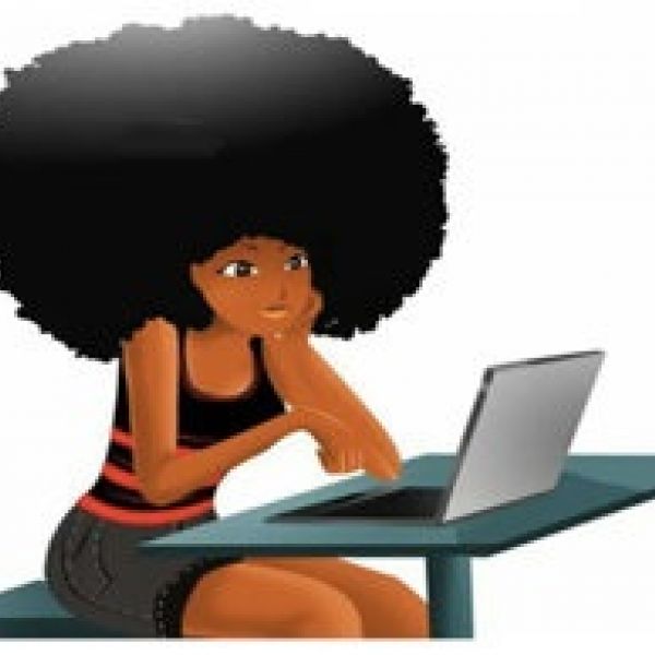 drawing of a black woman working on a computer