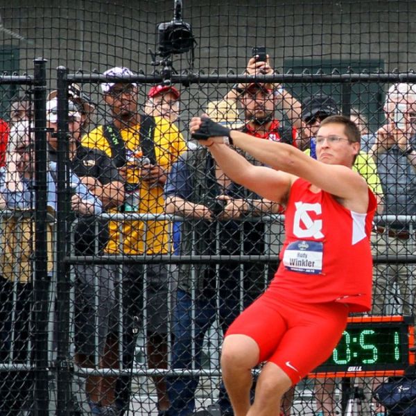 Credit: Rick Morgan/Cornell Athletics Caption: Rudy Winkler ’17 throws the hammer at the 2017 NCAA Outdoor Track and Field Championships in Eugene, Ore.