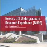 A color photo showing Gates Hall in the background with text overlayed. Text: Bowers Undergraduate Research Experience (BURE) 