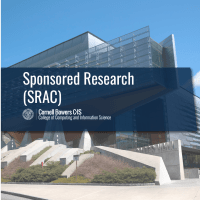 A color photo of Gates Hall on Cornell University's Ithaca campus with the text "Sponsored Research (SRAC)" over a blue transparent background
