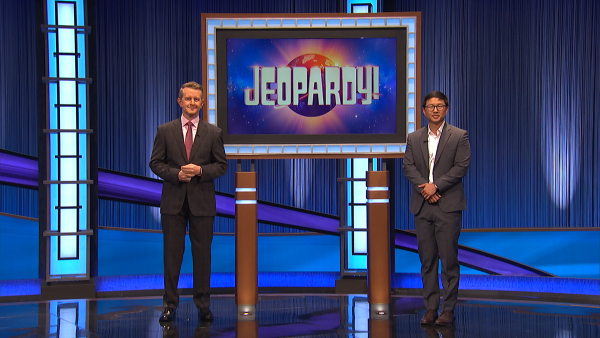 Sam Wang with Ken Jennings on the set of Jeopardy