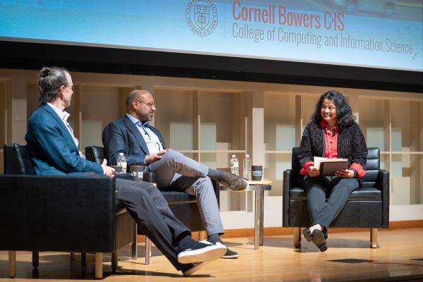 Kavita Bala, dean of Cornell Bowers CIS, speaks with Wayfair co-founders Steve Conine ’95 and Niraj Shah ’95 on Saturday in the Alice Statler Auditorium.