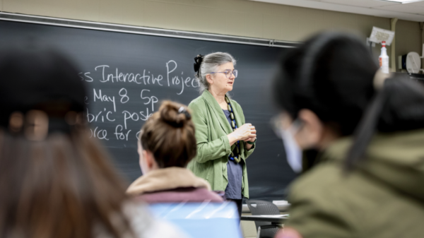 Elizabeth Karns A color photo showing a woman teaching in front of a class