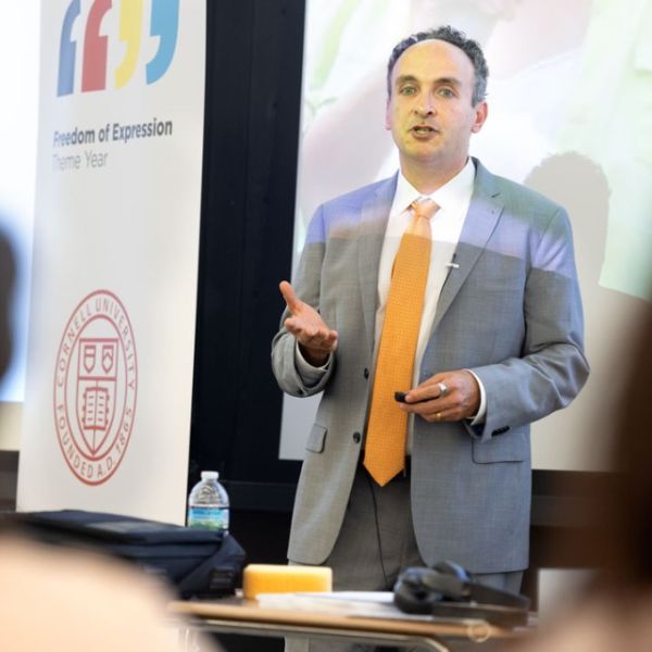 Sreang Hok/Cornell University Jeff Kosseff, an associate professor of cybersecurity law in the United States Naval Academy’s Cyber Science Department, speaks as part of the Cornell Ann S. Bowers College of Computing and Information Science’s Distinguished