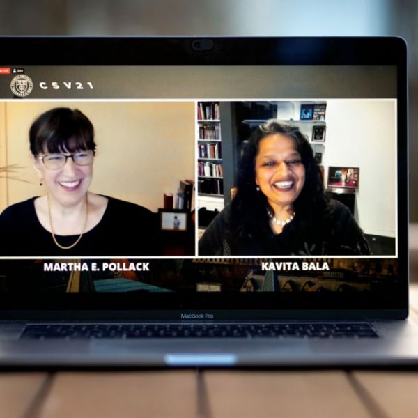 Cornell President Martha E. Pollack, left, and Kavita Bala, dean of Cornell Ann S. Bowers College of Computing and Information Science, speak via Zoom during the annual Cornell Silicon Valley event.