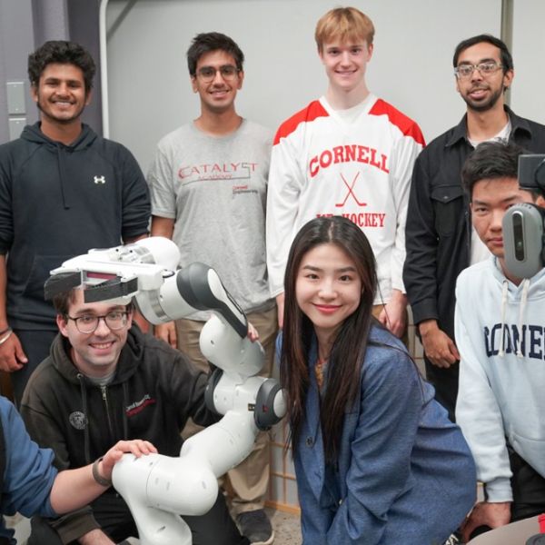  Credit:Patricia Waldron/Cornell University Lab members and robots in Sanjiban Choudhury’s group. Top row, left to right: Edward Duan ’26, Saksham Diwan ’26, Atiksh Bhardwaj ’26, Will Huey ’25 and master’s student Prithwish Dan ’24. Bottom row, left to ri