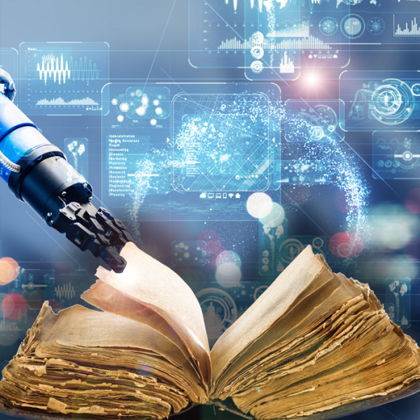 A graphic illustration showing a robotic arm turning the page of an old book