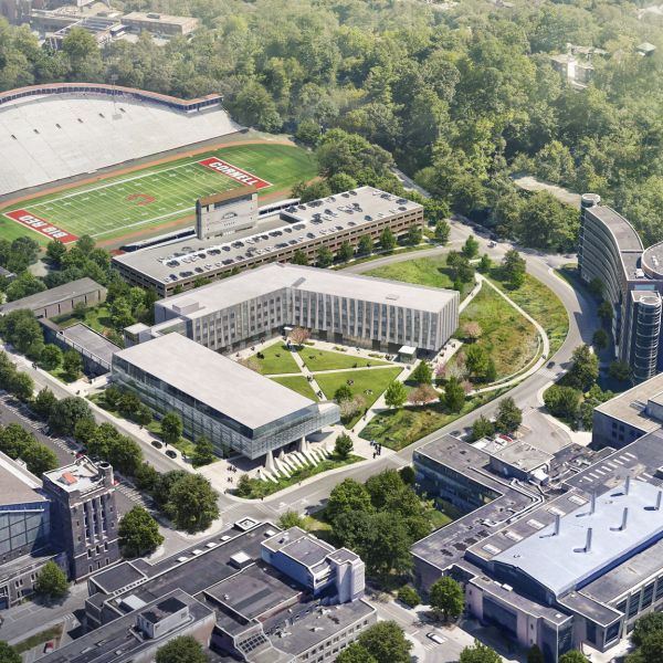 A rendering showing the aerial view of the new building for Cornell Bowers CIS. Rendering courtesy Leers of Weinzapfel Associates