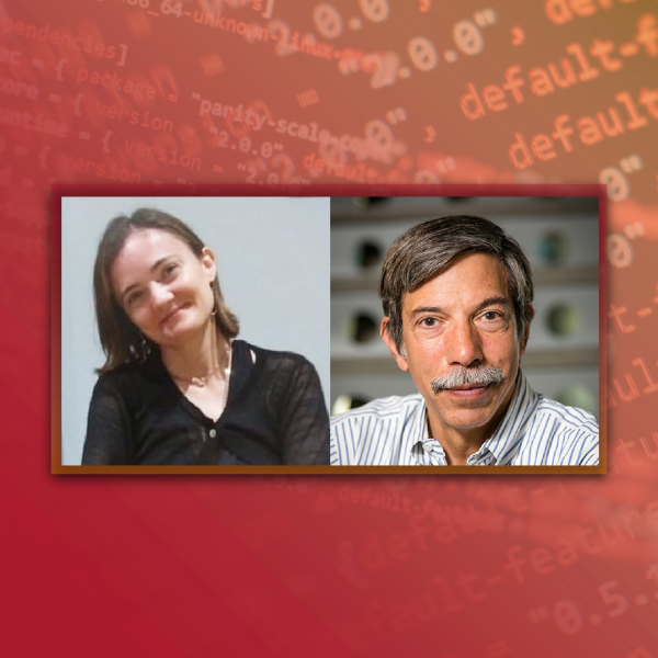 A photo collage showing photos of a man and a woman with a red background