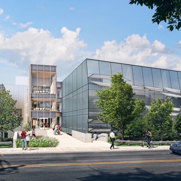 Artist rendering of entrance to four story building 