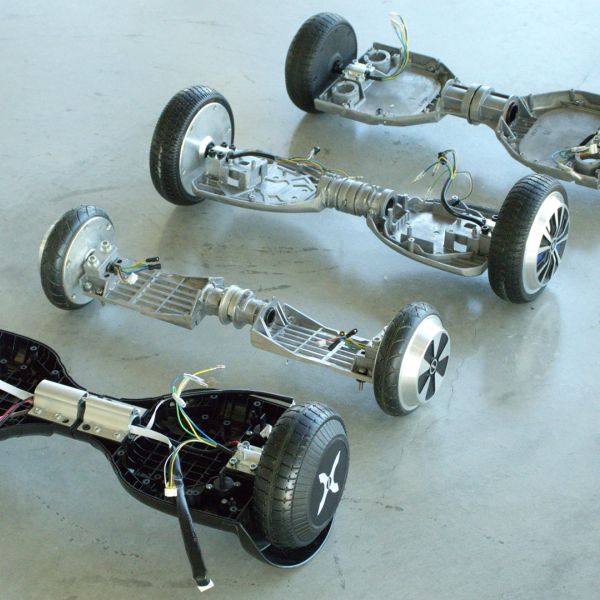 A color photo showing how hoverboard frames vary in style, rigidity and strength across models